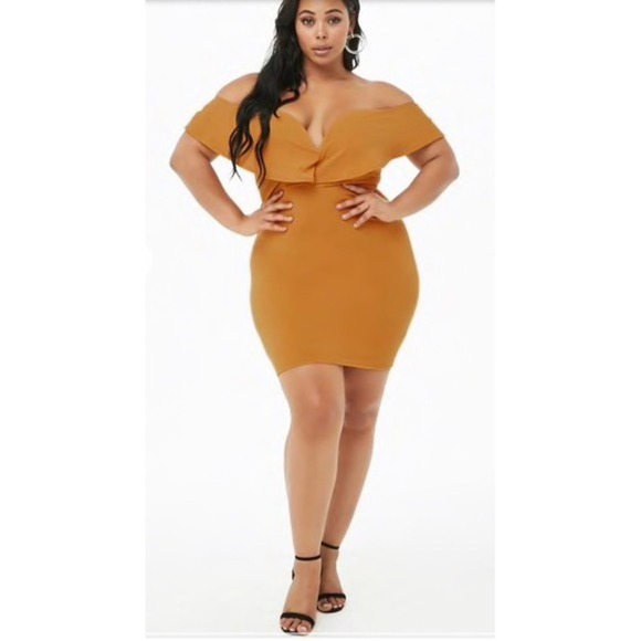 Forever 21 Mustard Yellow Bodycon Dress Off Shoulder Ruffle Short Mini - Picture 1 of 4